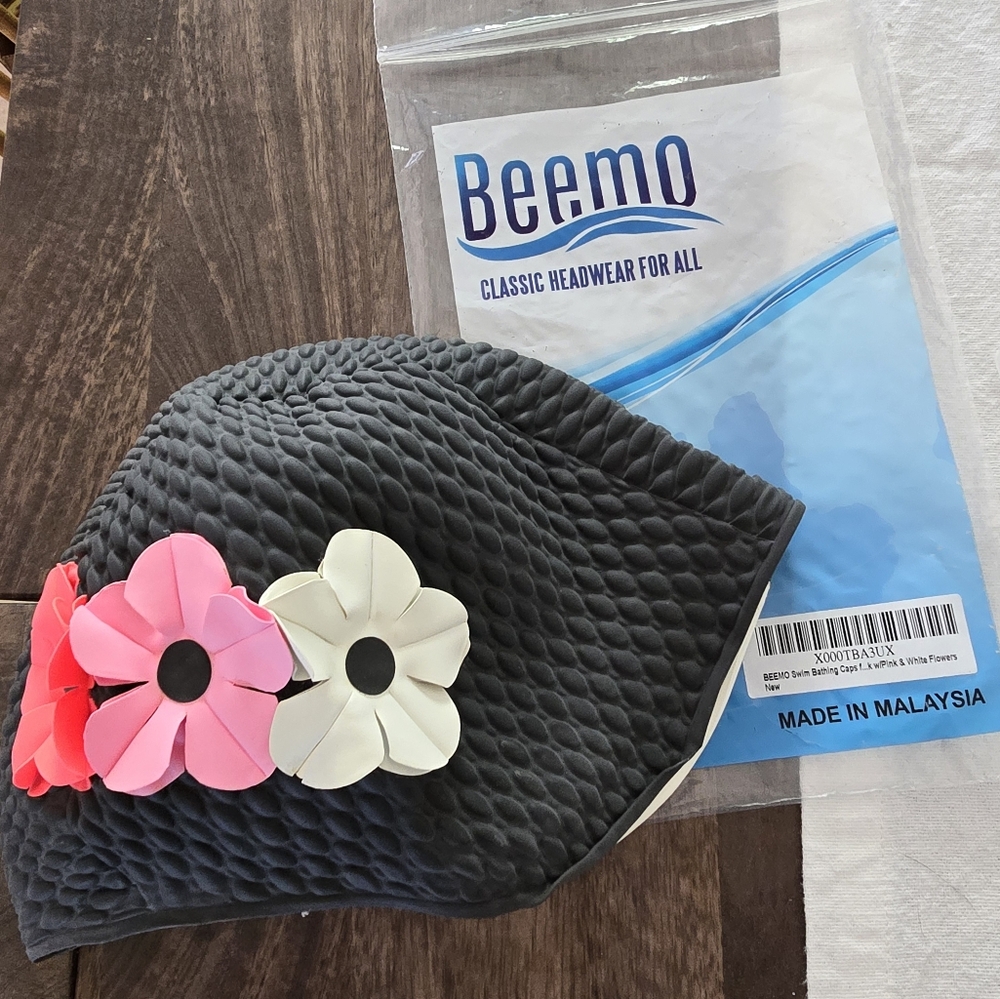 Adult Latex Swim Cap Black with Red Pink White Flowers M-L.